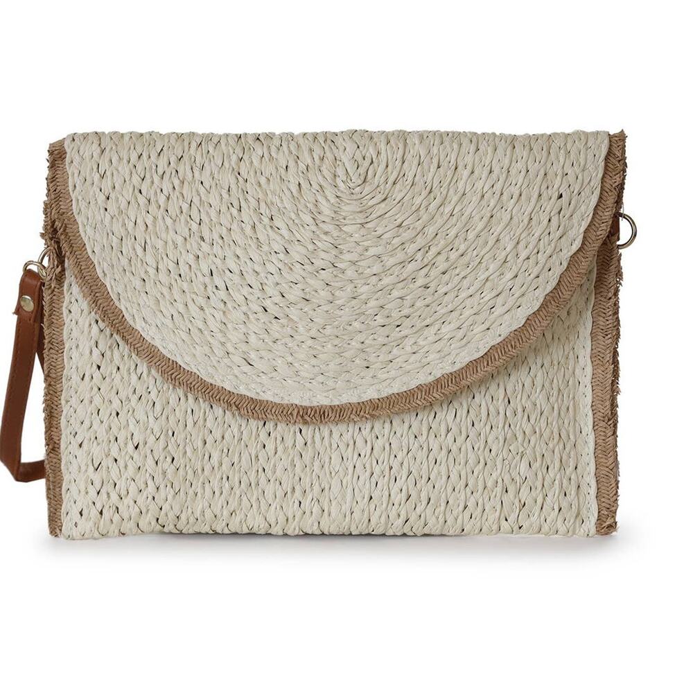 Lightweight Straw Messenger Convertible Wristlet Crossbody Bag Cream